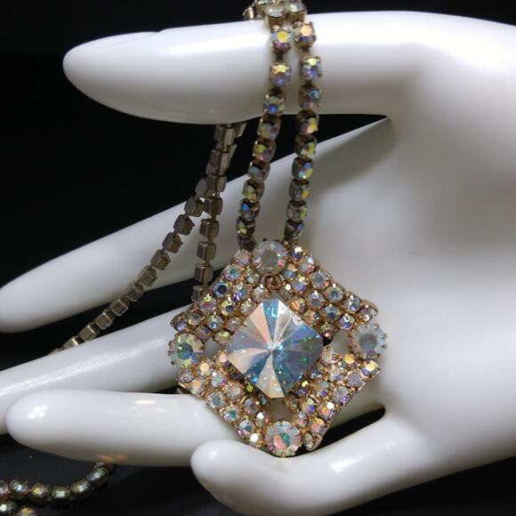 Vintage AB Rivoli Crystal Rhinestone Pendant Necklace, 1950s - Picture 3 of 10